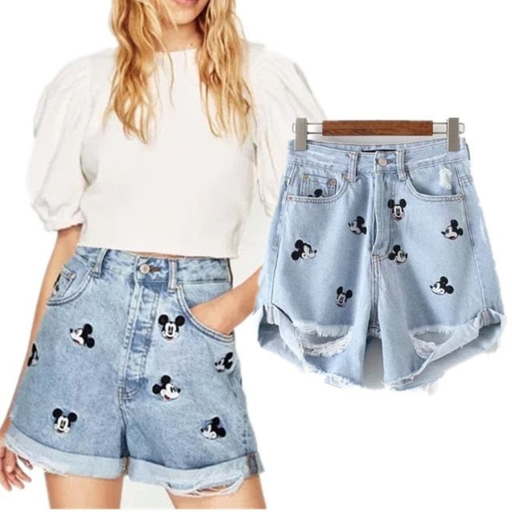 Women high waist shorts embroidered Mickey Mouse